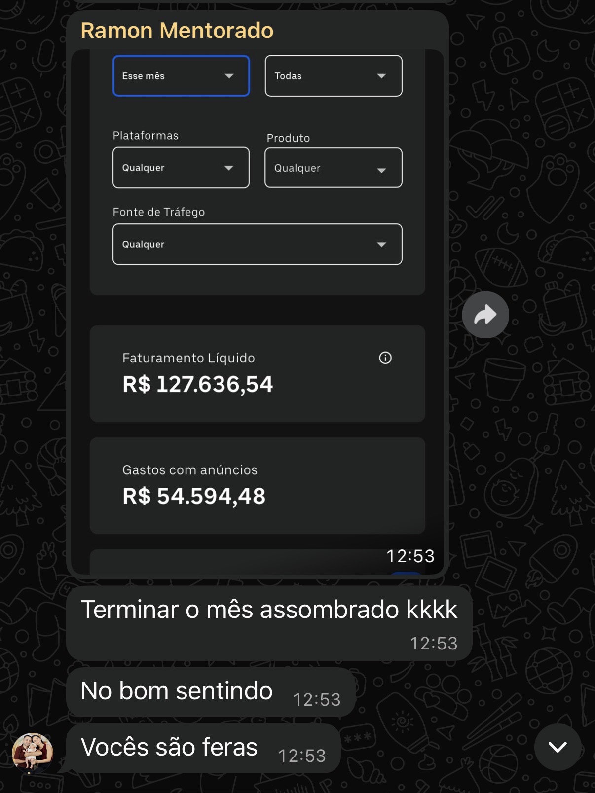 Aluno Ramon mostrando R$127.636,54 de faturamento no mês